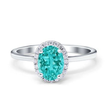 Halo Art Deco Oval Engagement Ring Simulated Paraiba Tourmaline CZ 925 Sterling Silver